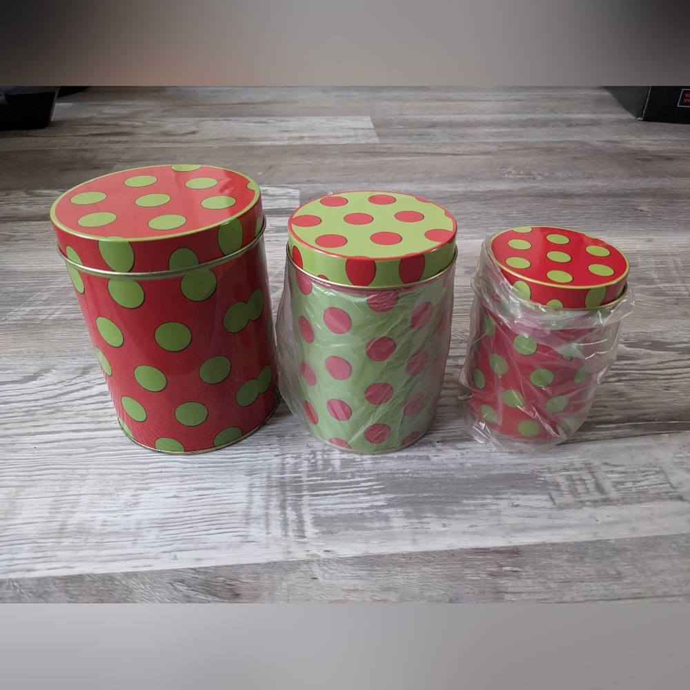 Vintage set of 3 The Lindy Bowman Christmas Tree Shop storage cans polka dot